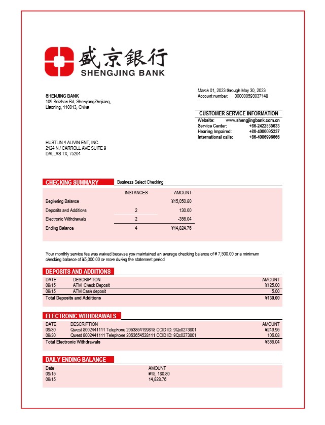Relevé de compte courant de la société Shengjing Bank, modèle Word et PDF